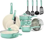 GreenLife Soft Grip Healthy Ceramic Nonstick, 16 pc Ceramic Non-Stick Cookware Set, PFAS-Free, Turquoise