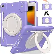 Andnary Case for iPad 9th/8th/7th Generation 10.2 inch, Heavy Duty Shockproof Cover with 360° Rotating Handle/Bracket/Pen Holder/Shoulder Strap, Case for iPad 10.2 inch 2021/2020/2019, Purple