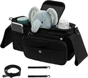 NIPUAEGO Polyester Stroller Organizer, Universal Stroller Accessories Caddy Storage Bag with 2 Insulated Cup Holder Adjustable Shoulder Strap for Travelling 32×17.5×11cm (Black)