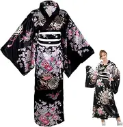 [Hemore] Kimonos for Women, Satin Geisha Yukata Dress with Belt, Floral Pattern Japanese Yukata, Traditional Blossom Kimono Robes (L, Black)