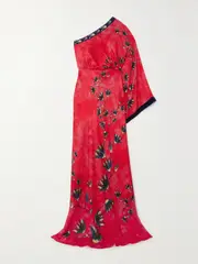 [Saloni] Saloni - Lily One-shoulder Embellished Velvet-trimmed Silk-jacquard Maxi Dress - Red - UK 6 UK 6 Red