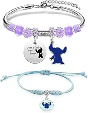 [Guidre] Lilo Stitch Bracelet, Lilo Stitch Sparkling Charm Bracelet, Lilo Stitch Adjustable Charm Bracelet, 18 cm Stitch Charm Bracelet, Jewellery Bracelets for Daughter, Niece, Granddaughter, Pack of 2