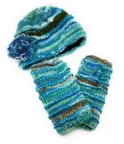 Warm Wool Beanie Hat w/ Flower Detail + Fingerless Gloves Set Hand Knit in Nepal