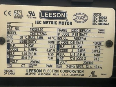 Leeson ball bearing electric motors 1HP 3phase 230/460V 192055.00