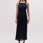 Seed Heritage Navy Maxi Dress Au 8 US 4 Blue Linen Slip Bias New BNWT RRP $190