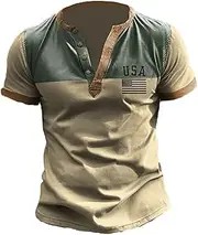 [Parise] Fashion Muscle V Neck Tees Henley Shirts for Men Hippie Flag Logo Colorblock Front Placket Button Up Short Sleeve Tops