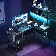 Levede L Shaped Gaming Desk Corner Desk LED Lights Built-in Power Outlet Black