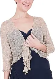 [Mimosa] Ladies Crochet Shrug Bolero Glitter or Plain Super Stretchy Lace Fish Net Tie at Waist Bolero Open Cardigan Fits UK 6-28, Taupe Silver, One Size Plus