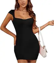 [SHINsuke] Women Summer Cut Out Bodycon Mini Dress Sexy Square Neck Short Sleeve Slim Short Pencil Sheath Dress Prom Party