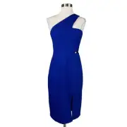 Aidan Mattox Women's Cocktail Dress Size 6 Blue Crepe One Shoulder Cutout Sheath