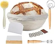 STEUGO Sourdough Starter kit-Bread Proofing Basket Set Round, 9 Inch Bread Proofing Basket,Dough Scraper,Linen Liner Cloth,Danish Dough Whisk,Rustic Rattan Basket for Professional and Home Baker.
