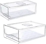 Fridge Organiser, Built-In Strainer Tray, Stackable Storage Containers with Lids, 2 Packs, Reusable Food Grade PET, BPA-Free, Space-Saving, Ideal for Kitchen Storage & Organisation