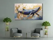 3D Gold Blue Whale Abstract Painting Unframed Canvas Print Australian Wall Art