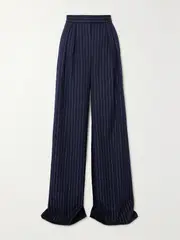 [Alex Perry] Alex Perry - Pleated Metallic Pinstriped Twill Wide-leg Pants - Navy - UK 12 UK 12 Blue