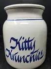 Clay Design Ceramic Glazed Stone Crock White & Blue Kitty Krunchies w/Lid USA