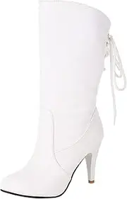 [JEUROT] Womens Mid Calf Boots Round Toe Lace-Up Slouched High Heel Boots Leather Wide Calf Walking Boots Pull On Booties