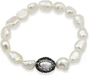 [MGR MY GEMS ROCK!] Genuine White Baroque Shaped 9-10MM Cultured Fresh Water Pearl Beaded Stretch Bracelet with A Druzy-Pave Cultured-Fresh Water Pearl in Center