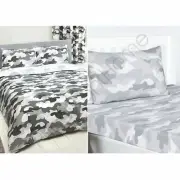 ARMY CAMOUFLAGE GREY DOUBLE DUVET COVER SET + FITTED SHEET + 4 PILLOWCASES