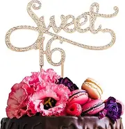 LINGPAR Sweet 16 Cake Topper for 16 Years Birthday Or 16th Wedding Anniversary Crystal Rhinestone Party Decoration Silver Gold