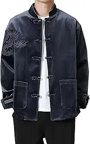 [Generic] Autumn and Winter Tang Suit,Chinese Style Men Casual Velvet Embroidery Thickened Stand Collar Tang Suit（Light Gray,Dark Blue