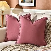 AmHoo Pack of 2 Linen Pillow Covers with Tassels Fringed Decorative Rustic Natural Throw Pillowcase Cushion for Couch Sofa Bedroom 16 x 16-Inch Dusty Rose