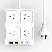 Power Board with Surge Protector 4 AC Outlets, 2 USB-A/2 USB-C (Max3.4A), Wall-Mountable, 3 Meter Extension Cord Power Strip, SAA Approve Efficient USB Power Board White