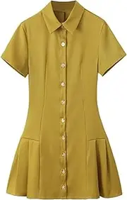 [Generic] 2024 Pleated Shirt Dress Women Collar Button Mini Dress Woman Short Sleeve Office Dress Summer Beach Dress