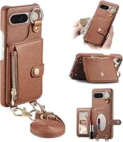 Durable Removable Crossbody Wallet Phone Case for Google Pixel 9, Zippered Purse,Ring Holder,Integrated Mirror,Card Slot,Multi-Angle Stand in Elegant Pebbled Leather Cover(Brown)