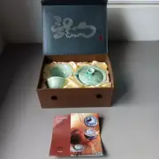 Jing Japanese Quality Two Person Tea Set Teapot Green Iridescent Floral with Box