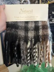 Natural Reflections Scarf and cuff hat set Fringe Soft Warm NEW