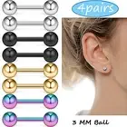 4Pairs Stainless Steel Ball Stud Earrings Barbell Cartilage Tragus For Men Women