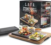 Artestia Volcanic Lava Rock Cooking Stones for Steak - 2-Piece 8.46×6.49in Stone with 1 Bamboo Tray, 3 Sauces Bowls, Grill & BBQ Hot Stones for Indoor Outdoor Use - Upgraded Version