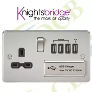 BRUSHED CHROME FLAT PLATE 13A SWITCHED SOCKET W/ QUAD USB CHARGER & BLACK INSERT
