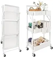 GUDAJIN 3-Tier Folding Storage Cart with Wheels, Foldable Storage Cart with Handle, Rolling Organizer, Multi-Function Trolley with Hanging Cup and Hook for Kitchen, Pantry, Office (White)