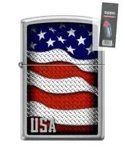 Zippo 205026 USA Flag Bars and Stripes Chrome Lighter + FLINT PACK