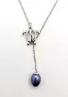 Lady's Sterling Silver 925 Turtle Lariat Blue Pearl Freshwater Necklace 18"