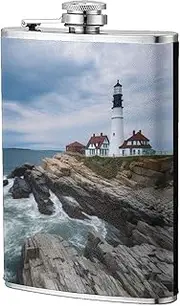 Stainless Steel Pocket Hip Flask with Lighthouse Beach Sky for Men Drinking Wedding, Vintage Flasks for Bar Party Fishing Flagon 8 OZ