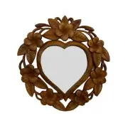 Balinese Heart Wall Mirror Wood Relief Hand Carved Frangipani Flowers Bali Art