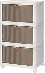 UHAPEER 3 Tier Plastic Stackable Storage Bins with Lids, Foldable Storage Box with Magnetic Doors and Wheels, Storage Container for Cabinet Closet Storage, Toy, Clothes, Food Organization and Storage