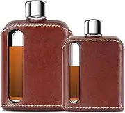 Ragproper Modern Glass Hip Flask - Durable Leather Covered Flask for Whiskey, Spirits, & Other Liquor - Ideal Glass Flask for Men & Women (Single Shot 100ml + Double Shot 240ml, Leather Dark Brown)