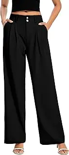 [FUNYYZO] Women Long Dress Pants High Waisted Work Pants Dressy Casual Wide Leg Elastic Waist Trousers, Black, Small