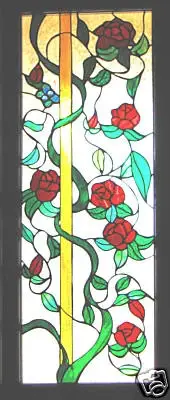 LEADLIGHT 'CLIMBING RED ROSES' STUNNING WINDOW or DOORWAY STAINED GLASS ART