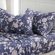 [Zusbest] Navy Blue Floral Bed Sheets Set - King Size Percale Cotton Shabby Rustic Peony Flower Print Dark Bed Sheets - Soft Breathable Classic Vintage Bedding 4 Pcs Deep Pocket Sheets Set