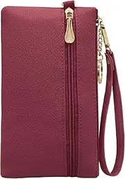 [LJCZKA] Leather Wristlet Wallet for Women Men Large Capacity Clutch Handbags Purses Long Cellphone Credit Card Holder Pocket Bag with Wrist Strap, Keychain, Red, Casual