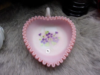 Vintage Fenton Rosalene Satin Ruffled Heart-Shaped Hand-Painted Relish Dish
