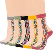 [Campsis] Women Sheer Socks Flower Sheer Ankle Socks Floral Transparent Mesh Socks Colorful Nylon Socks for Women and Girls(5 Pairs), A, 6-9