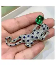 3Ct Cushion Cut Lab Created Green Emerald Panther Brooch 14K White Gold Plated