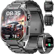 Smart Watch for Men, 2.02” HD Big Screen Rugged Smart Watch with Bluetooth Call/Voice Assistant/Sleep Monitor/DIY Dial Fitness Tracker, 123 Sport Modes Fitness Watch for Android iOS Black Steel Strip