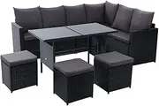 Gardeon Outdoor Table and Chairs 9 Seater Rattan Sofa Lounge Set Wicker Dining Tables Chair Setting, Patio Furniture Garden Backyard, Weather-Resistant Cushions Pillows Black with Ottoman