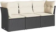 vidaxl Garden Sofa Set - Outdoor Modular Lounge - 3-Piece Black Poly Rattan Patio Furniture with Cushions